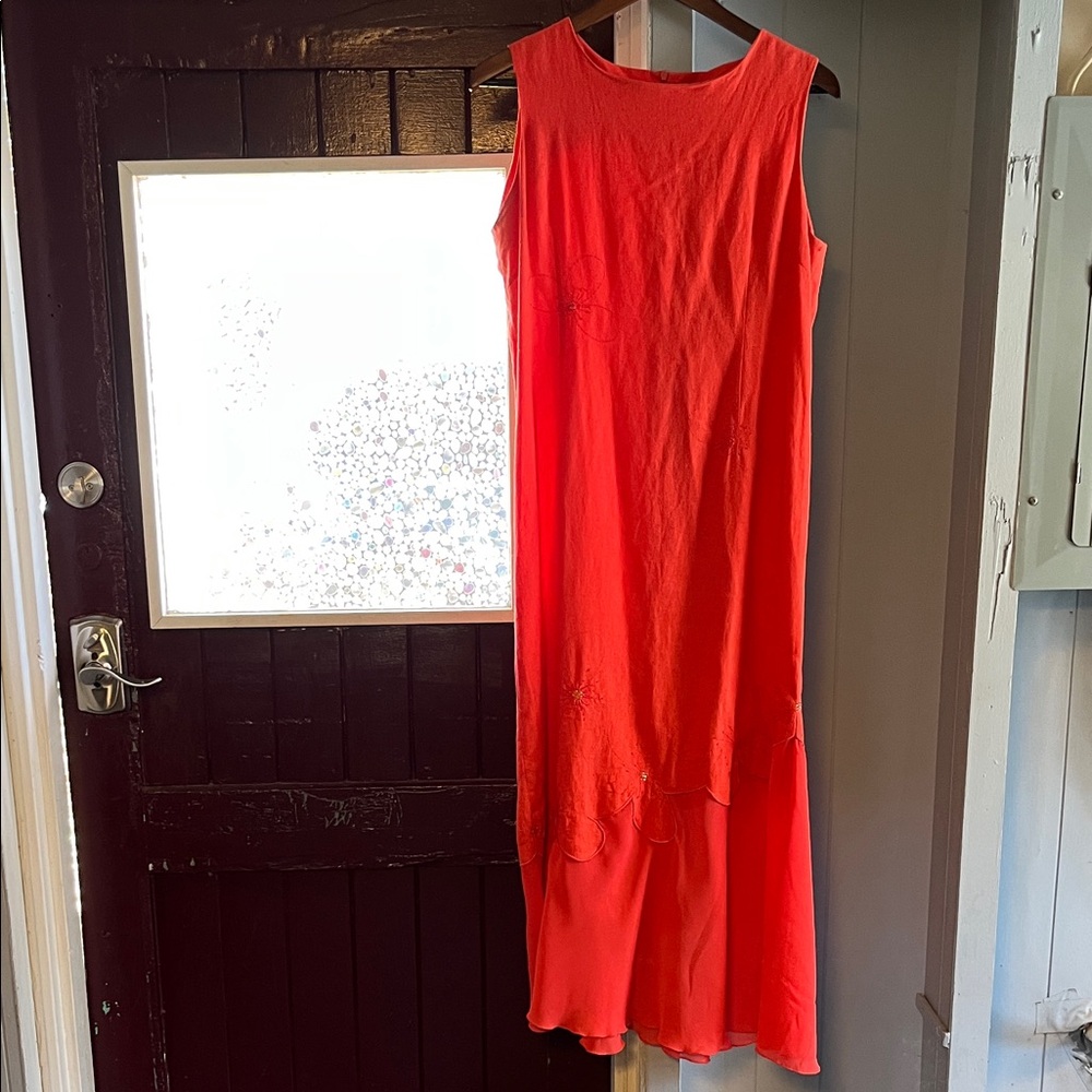 Elegant Salmon Pink/Red Beaded Floral Details Sleeveless Dress Chiffon Medium